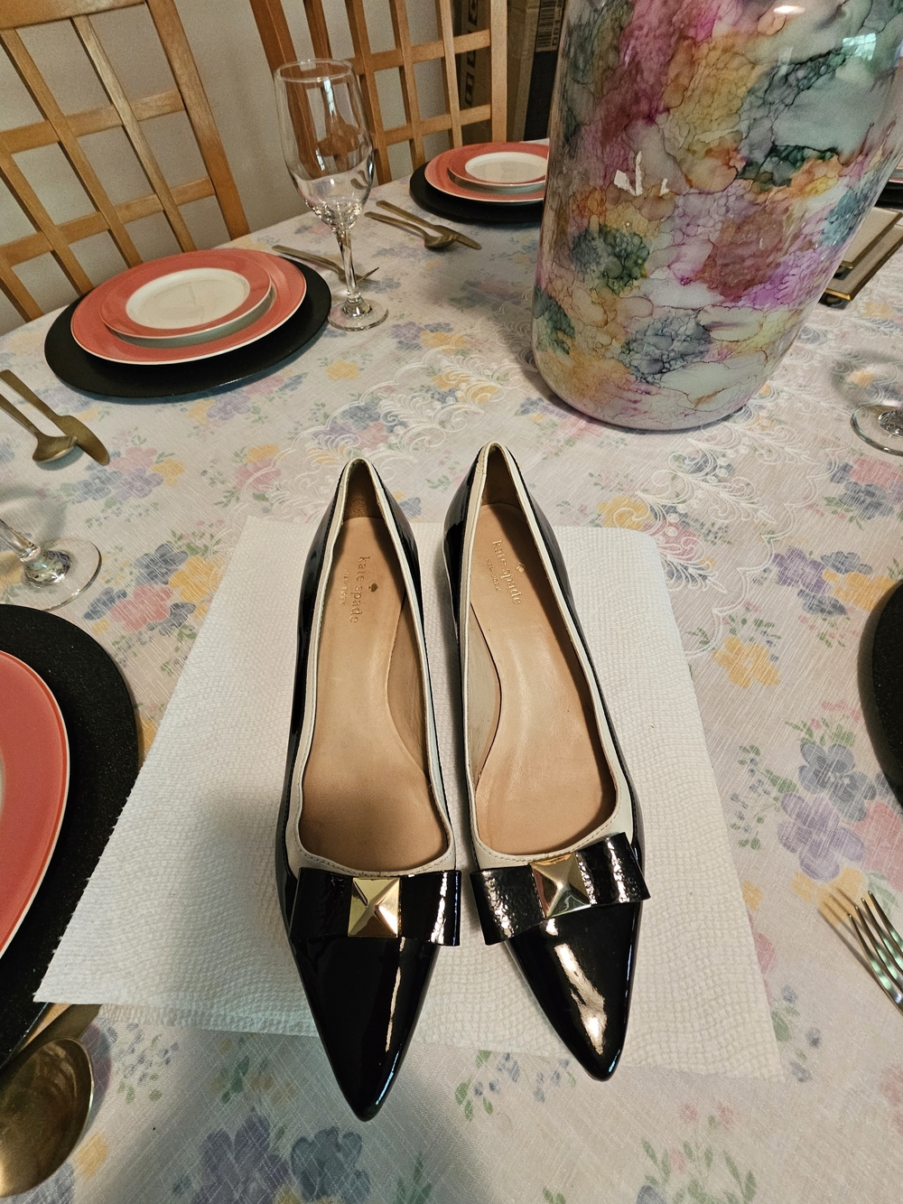 Kate Spade Patent Black and Cream Pointed Toe Flats with Gold Accent